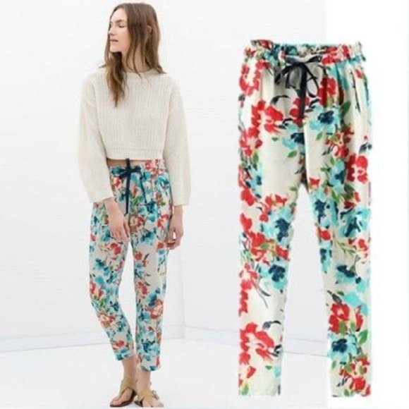 Zara Pants - Zara Floral Drawstring Tailored Pants Size Small